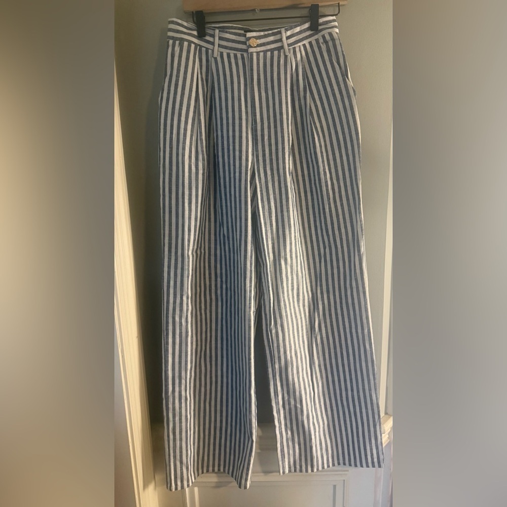 Aqua Navy and White Vertical Stripe Wide Leg Pants